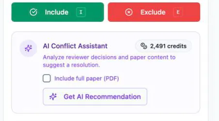 The AI Conflict Assistant panel in its ready state directly under the green Include and red Exclude buttons: the sparkles icon beside the panel title with a credits balance chip, the line “Analyze reviewer decisions and paper content to suggest a resolution”, an unticked Include full paper (PDF) checkbox, and the Get AI Recommendation button