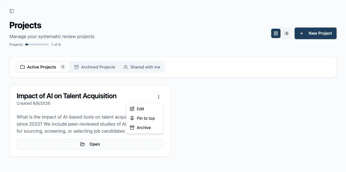 The project card’s menu open on the Projects page, with the Archive entry