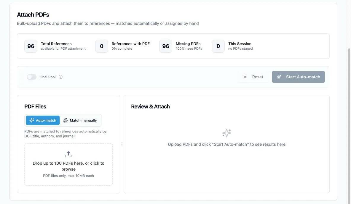 The Attach PDFs tab with the four coverage counts, the Final Pool toggle, the Auto-match and Match manually modes, and the PDF upload area