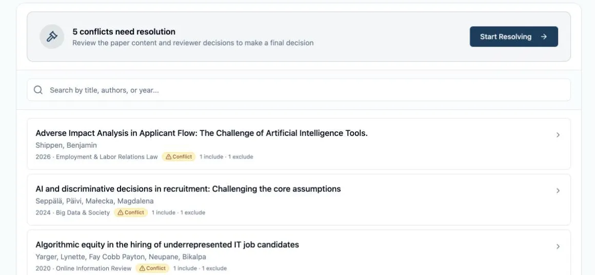 The Conflicts tab of Conflict Management: the “5 conflicts need resolution” card with its Start Resolving button, the “Search by title, authors, or year” box, and three conflict rows each showing title, authors, year · journal, the amber Conflict badge and a “1 include · 1 exclude” vote summary