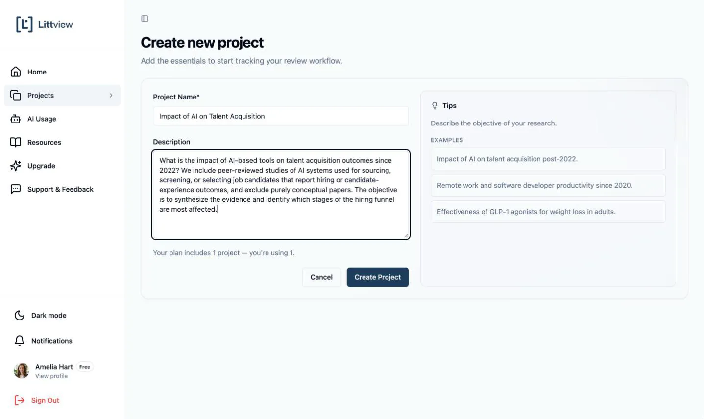 The Create new project form with a name and description filled in and the Tips panel on the right