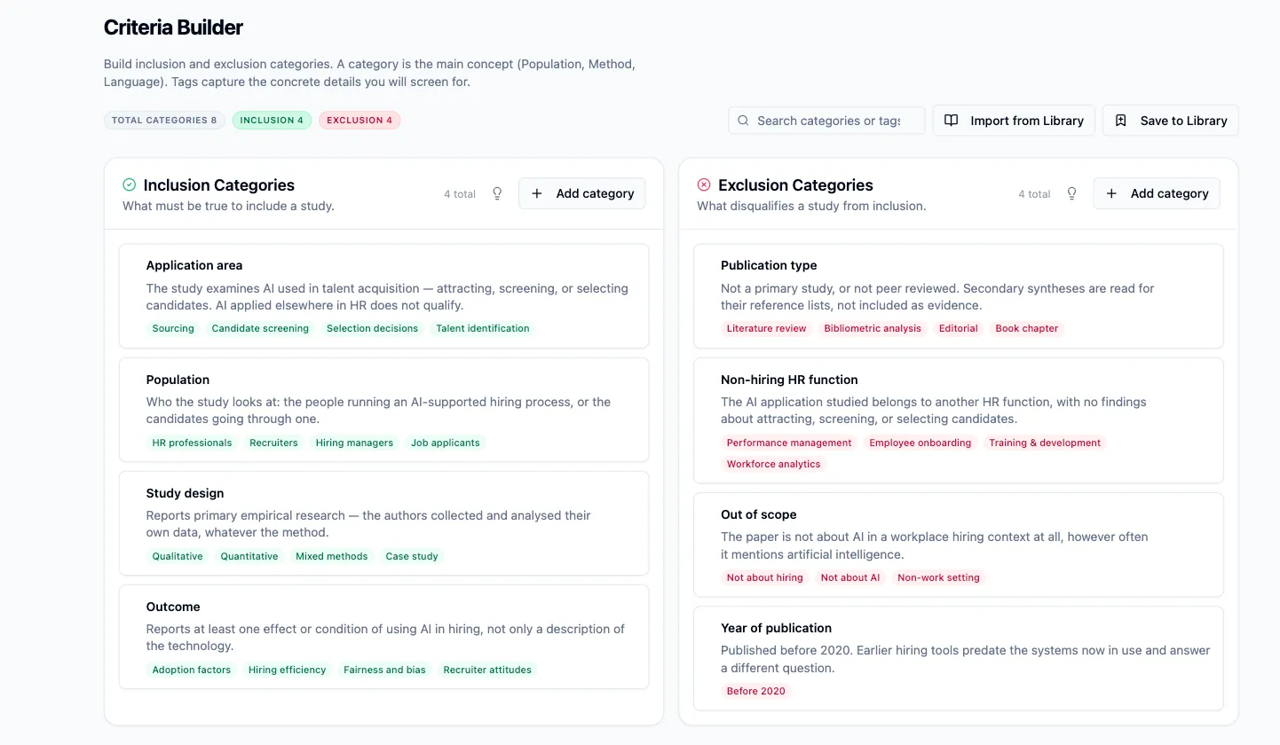 The Criteria Builder with Inclusion Categories and Exclusion Categories side by side, each entry showing its definition and tag chips, and the Total categories / Inclusion / Exclusion counters above