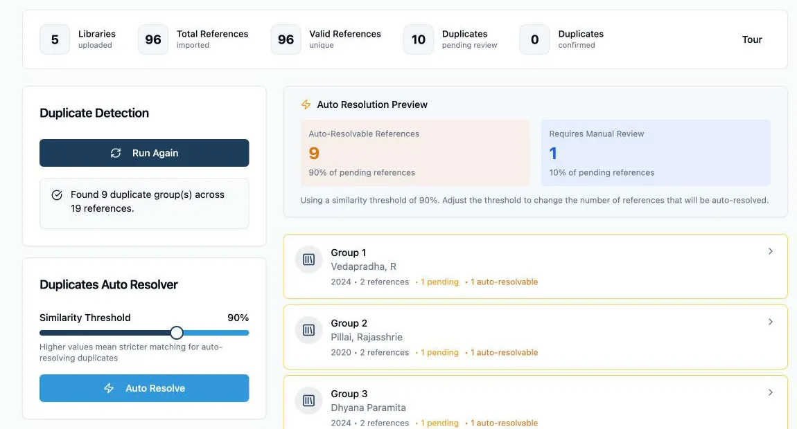 The Duplicate Detection tab after a run: the counts row, the Duplicate Detection card reading Found 9 duplicate groups across 19 references, and the detected groups listed beside it
