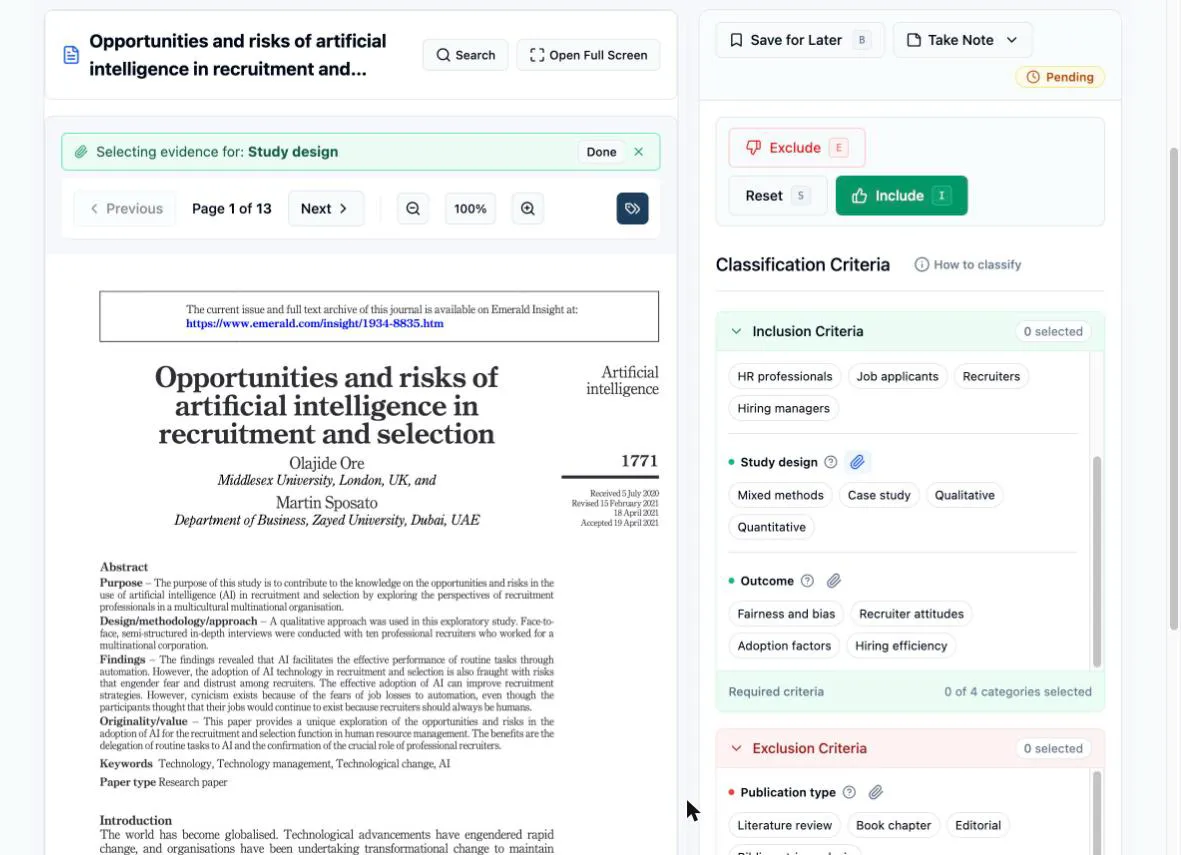 Screening Workspace with evidence mode active: the green “Selecting evidence for: Study design” bar with its Done button above the PDF, and on the right the Study design criterion row whose paperclip button is active (blue)