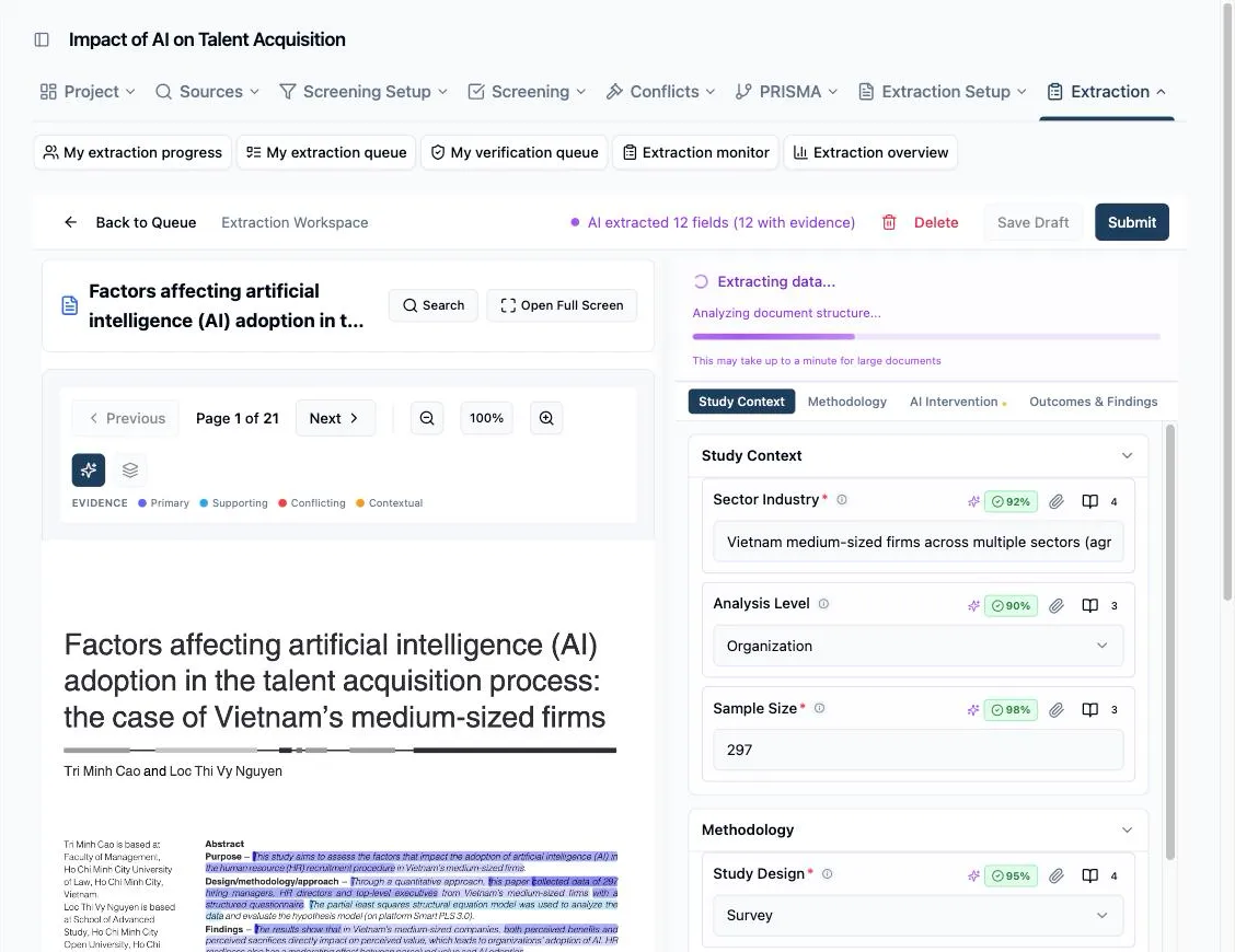 The AI Extraction panel mid-run: the purple progress bar, the “Extracting data…” label with the current step (“Analyzing document structure…”) beneath it, and the note that large documents can take up to a minute