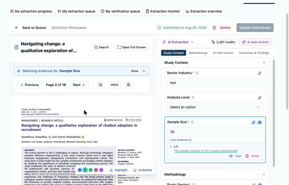 The extraction workspace in evidence mode: the blue “Selecting evidence for: Sample Size” bar with its Done button above the PDF, the abstract sentence “With a focus on 25 HR professionals and recruiters” selected with a menu open beneath it — a row of five color swatches (Teal picked) at the left, then Highlight and Underline — and on the right the Sample Size field outlined in blue with its paperclip active