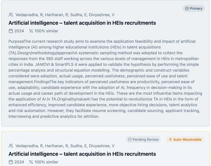 A duplicate group open in the Duplicate Detection tab: the first record badged Primary, the second badged Pending Review and Auto-Resolvable, both showing 2024 and 100% similar