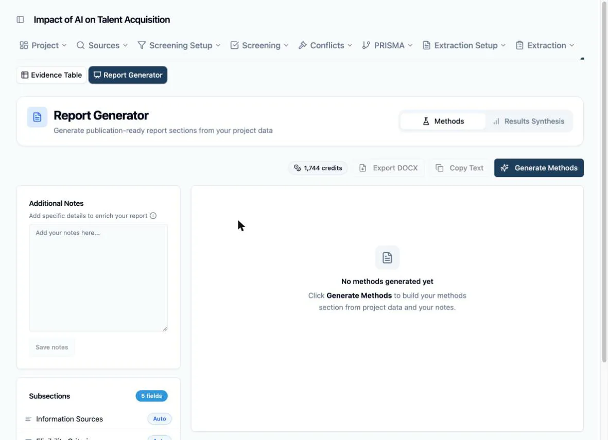 The Report Generator on the Methods tab — the header card with the Methods / Results Synthesis tabs, the Additional Notes and Subsections cards in the left column, and the empty preview panel on the right with the Generate Methods button above it