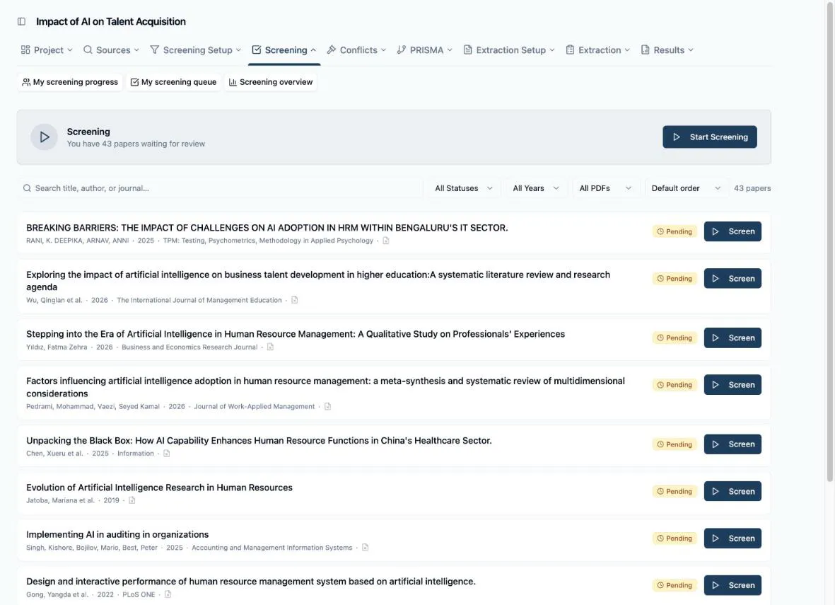 My Screening Queue as a reviewer who hasn’t started: the Screening card reading “You have 43 papers waiting for review” with the Start Screening button, the search-and-filter toolbar, and the first few paper rows — each with title, authors · year · journal, the PDF indicator, a Pending badge, and a Screen button