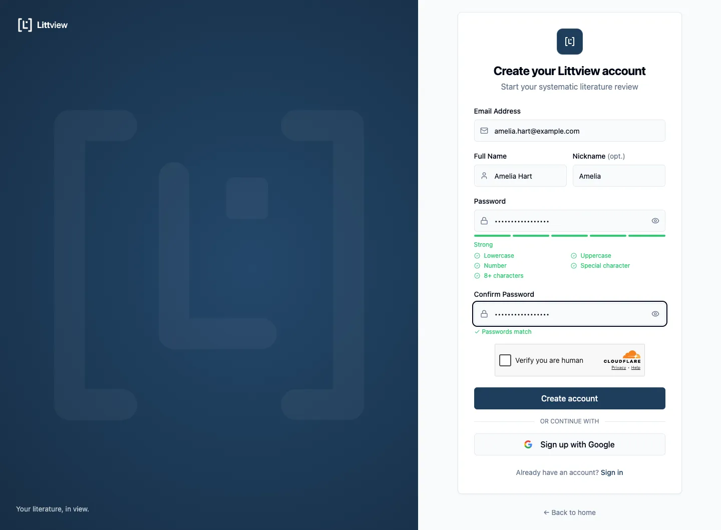 The registration form filled in, with the password checklist complete and the Verify you are human check below it