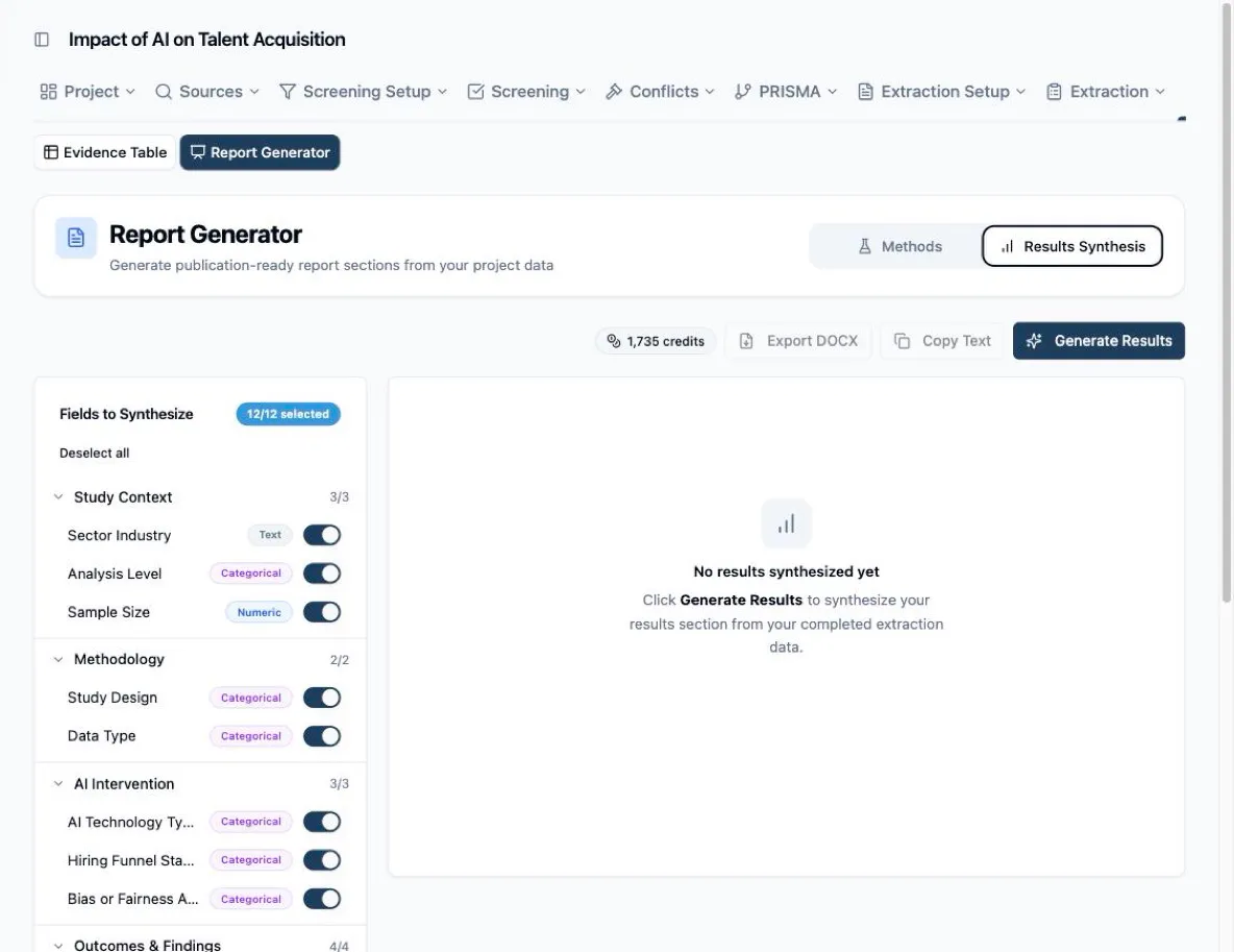 The Report Generator on the Results Synthesis tab — the Fields to Synthesize card with its sections expanded and per-field toggles, the Synthesis Notes box below it, and the empty preview panel on the right