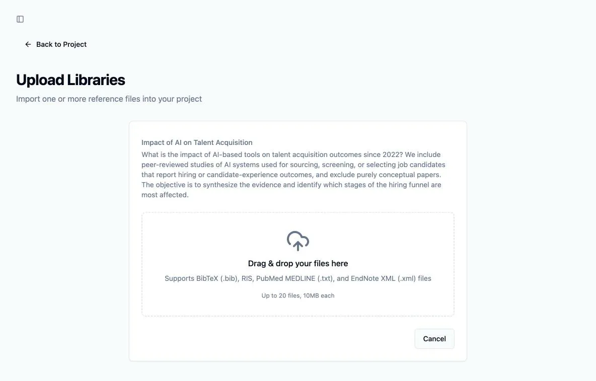 The Upload Libraries page with the drag-and-drop area, listing the supported formats and the 20-file, 10 MB limits