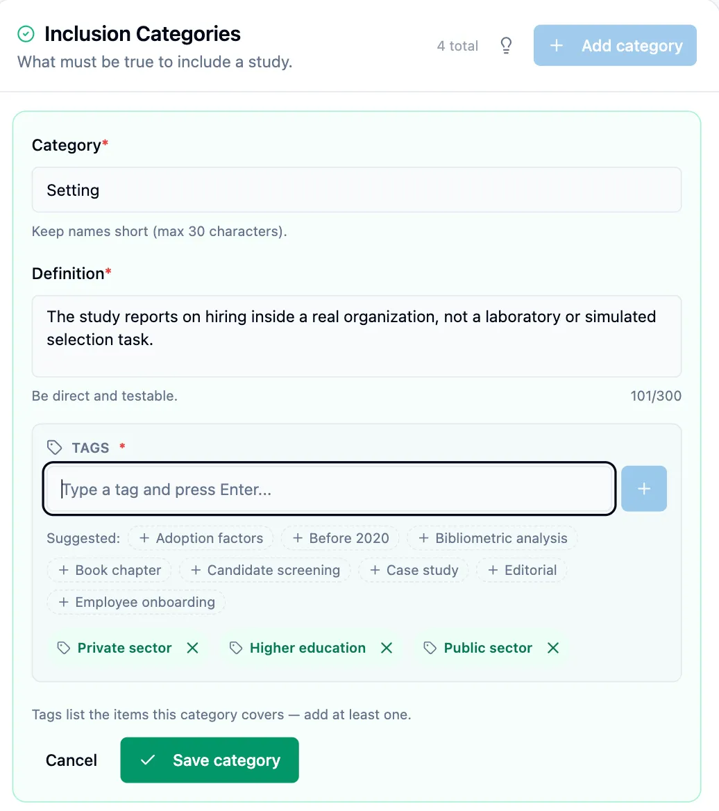 The Add category form open in the Inclusion column with Category and Definition filled in, three tag chips added, the Suggested chip row above them, and Save category enabled