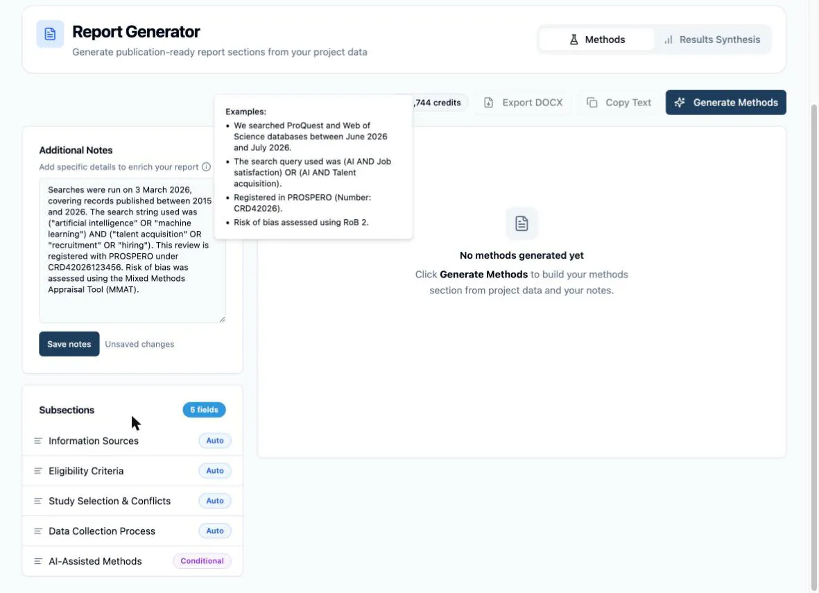 The Additional Notes card with a few methodological sentences typed in and the Save notes button active, its info popover open showing the example notes, and the Subsections card below listing the five subsections with their Auto and Conditional badges
