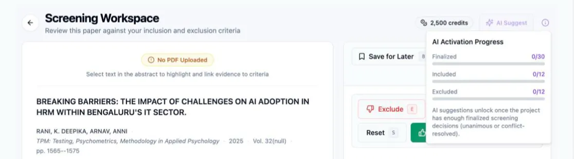 The Screening Workspace header with the AI Suggest button greyed out and the AI Activation Progress popover open beneath it, showing Finalized, Included, and Excluded progress rows against the tier’s minimums