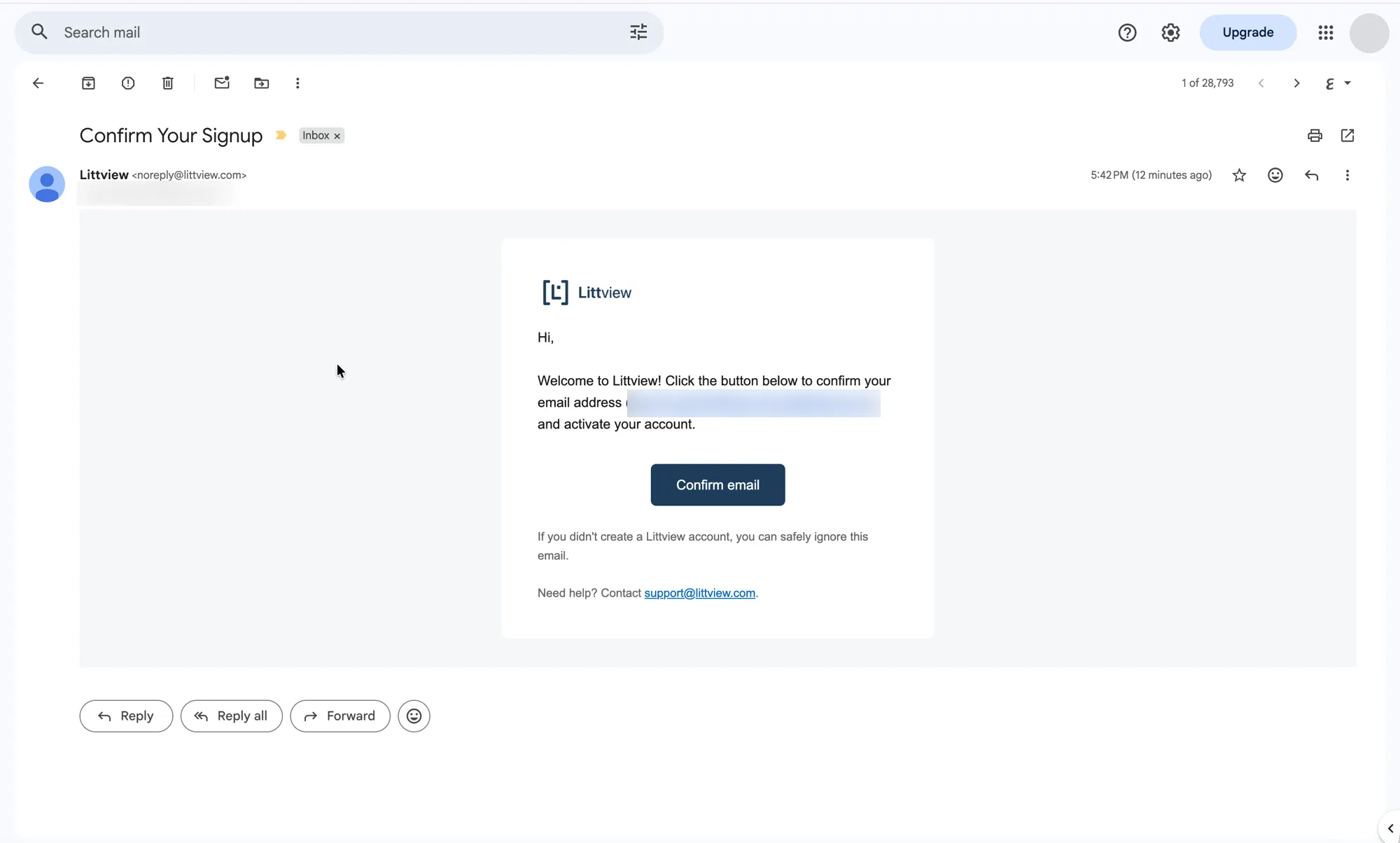 The Littview confirmation email open in Gmail, with its Confirm email button