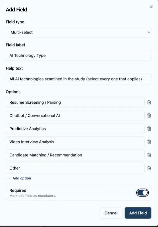 The Add Field dialog: Field type set to Multi-select, the Field label “AI Technology Type”, a Help text line, an Options list of six entries each with a delete icon and an Add option link beneath, and the Required toggle switched on above the Cancel and Add Field buttons