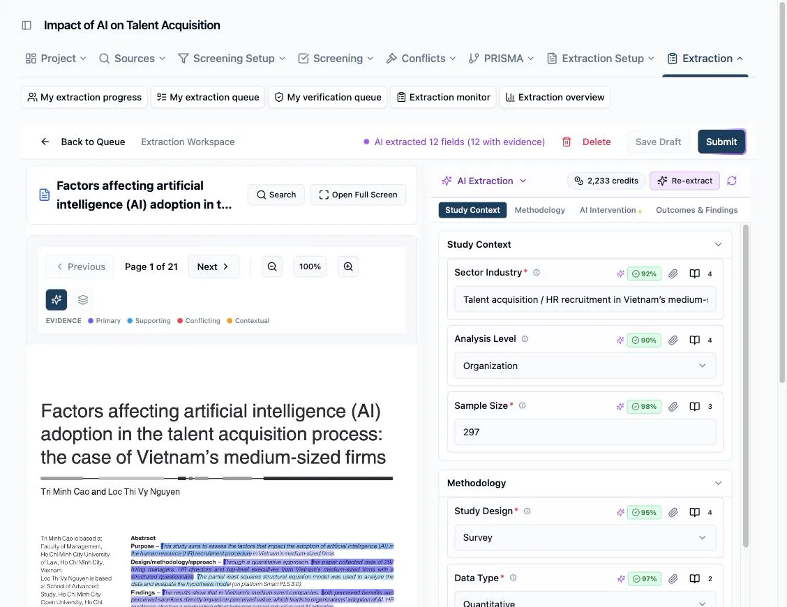 The form after a run: several fields tinted purple with sparkles marks, green confidence percentage badges, evidence-count buttons next to the answers, and the AI Intervention section tab carrying the amber needs-review dot