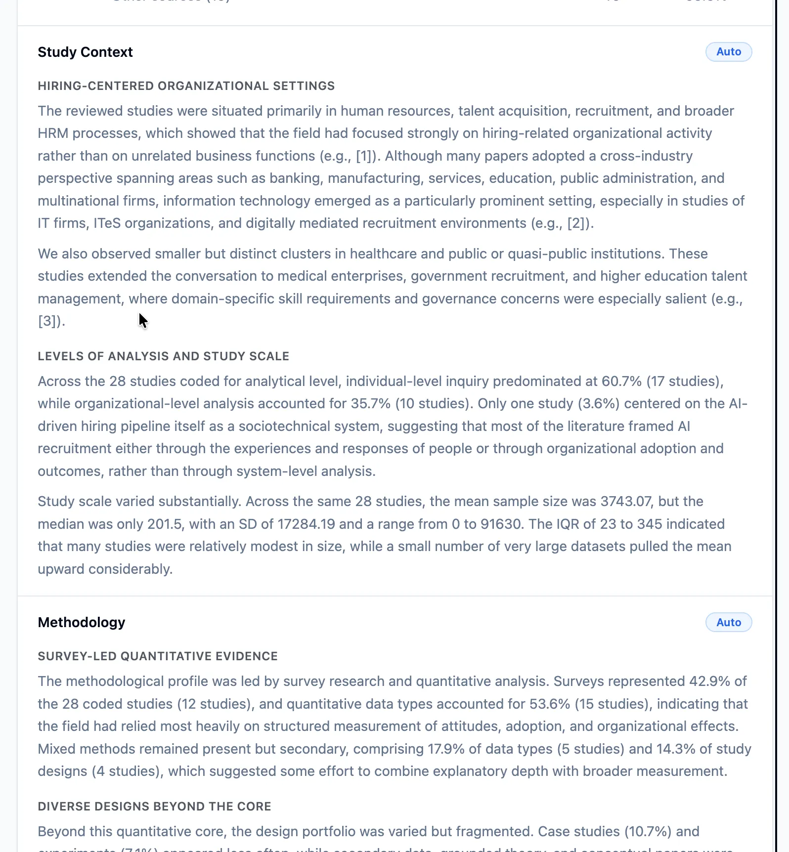 A generated Results synthesis — the Study Context thematic section, its paragraphs carrying numbered citations back to specific studies, followed by the Levels of Analysis and Methodology sections that continue the same pattern