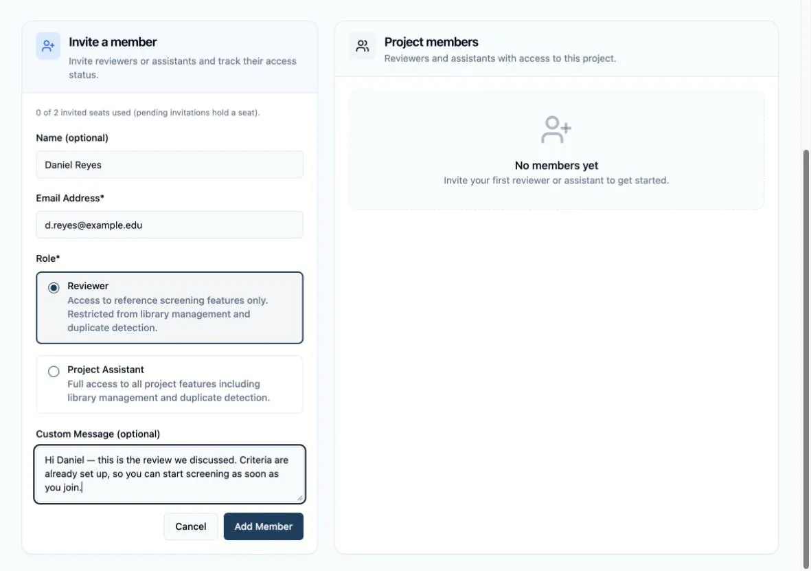 The Invite a member form filled in, with the Reviewer role selected