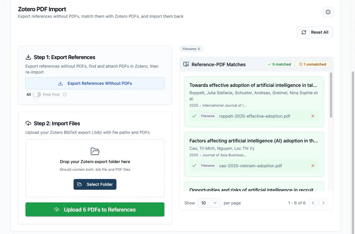 The Reference-PDF Matches panel after Process & Match Files, with five matched references, one unmatched, and the Upload 5 PDFs to References button