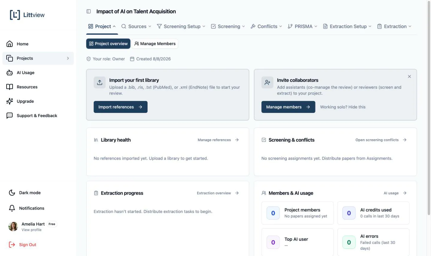A freshly created project’s home page showing Your role: Owner and the Import your first library and Invite collaborators cards