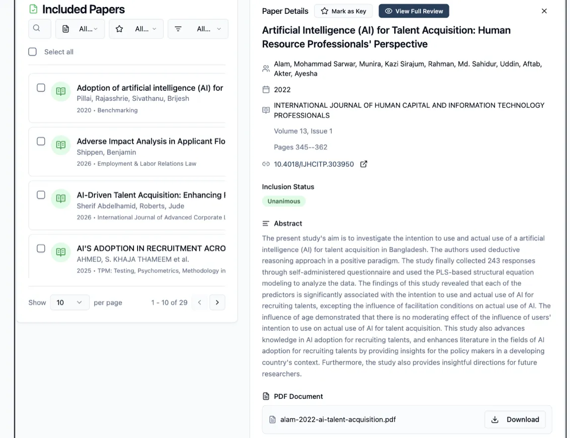 A row selected in the Papers List: on the left the list narrowed to its rows with “Show 10 per page” and “1 - 10 of 29” beneath them, on the right the Paper Details panel with Mark as Key and View Full Review buttons beside the “Paper Details” title, showing the paper’s full author list, 2022, the journal with Volume 13, Issue 1 and Pages 345–362, the DOI as a link, an Inclusion Status section with a green Unanimous badge, the abstract, and a PDF Document section holding one file row with the attached file name and a Download button