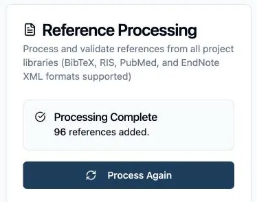 The Reference Processing card showing Processing Complete with 96 references added, and the Process Again button
