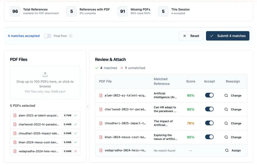 The Review & Attach list with five PDFs: four auto-matched with confidence scores and accept toggles on, one with no match found and its Assign control