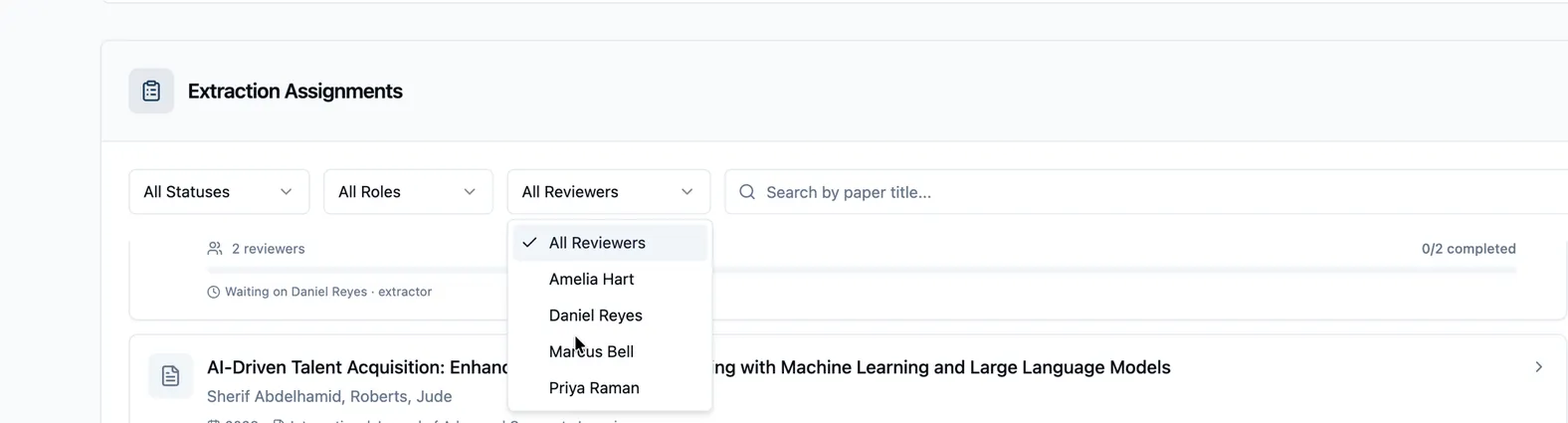 The Reviewer filter open over the Extraction Assignments list: All Statuses / All Roles / All Reviewers with the Reviewer dropdown expanded, “All Reviewers” checked at top and the four people below it — Amelia Hart, Daniel Reyes, Marcus Bell, Priya Raman