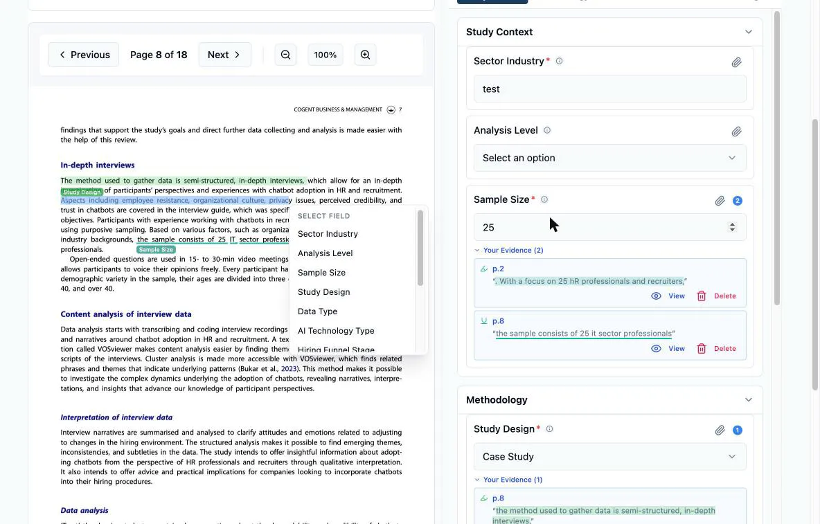 A passage selected in the PDF with no field active: the context menu has opened its SELECT FIELD list, showing the template’s field names — Sector Industry, Analysis Level, Sample Size, Study Design, Data Type, AI Technology Type, Hiring Funnel Stage — ready to pick