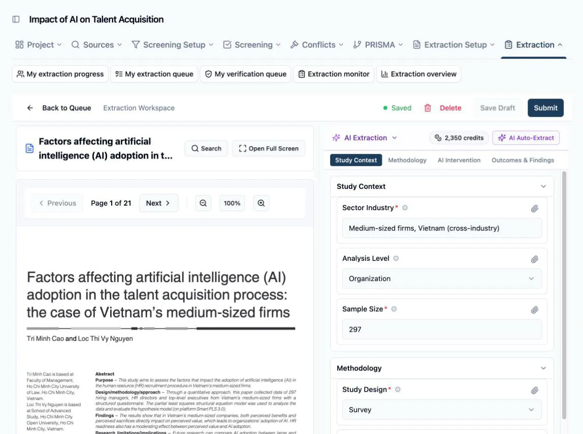 The Extraction Workspace: the paper’s PDF filling the left panel with its page and zoom controls, the form on the right under the Study Context / Methodology / AI Intervention / Outcomes & Findings section tabs — Sector Industry answered as text, Analysis Level and Study Design as dropdowns, Sample Size as a number, required labels marked with an asterisk and a paperclip on every field — and the header row carrying Back to Queue, a green Saved chip, and the Delete / Save Draft / Submit buttons