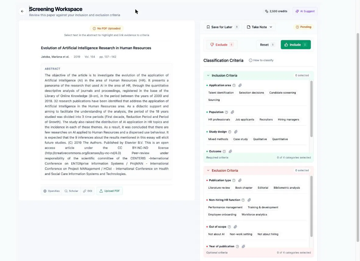The workspace’s left panel on a paper without a PDF: the No PDF Uploaded badge, title and metadata, the Abstract box, and below it the locator link bar (OpenAlex · Scholar · Publisher · DOI) with the Upload PDF button beside it