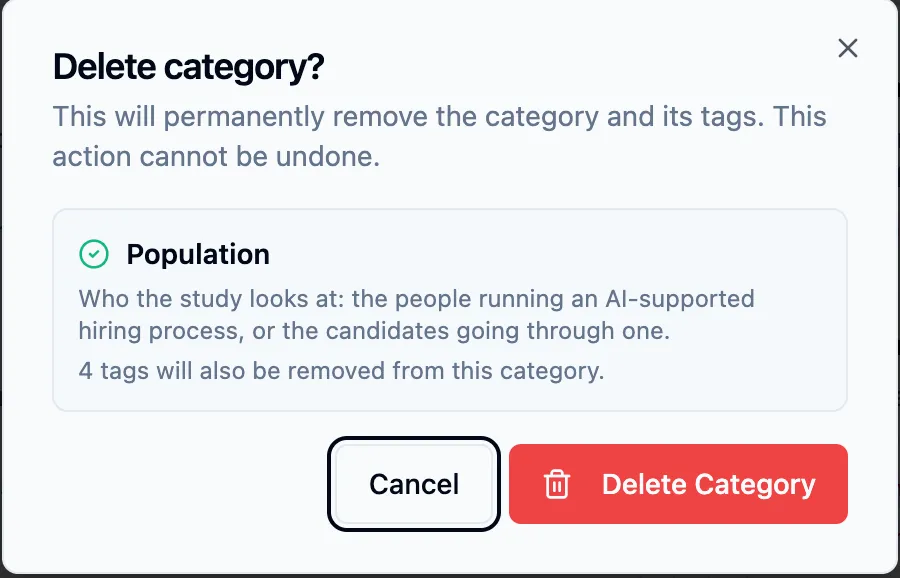 The Delete category? confirmation dialog showing the Population category, its definition, and the line reading 4 tags will also be removed from this category