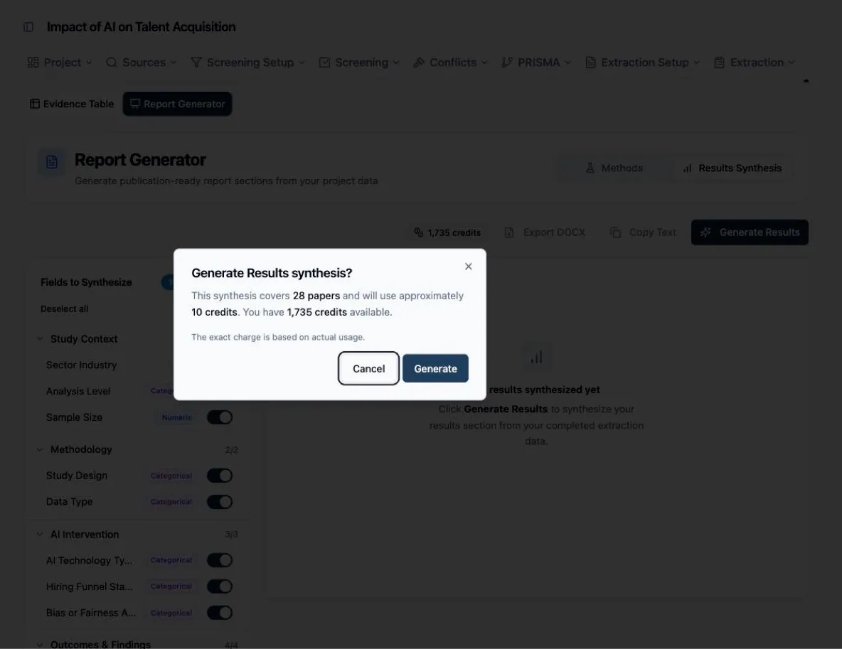 The “Generate Results synthesis?” dialog showing the paper count, the approximate credit cost, the available balance, and the Cancel / Generate buttons