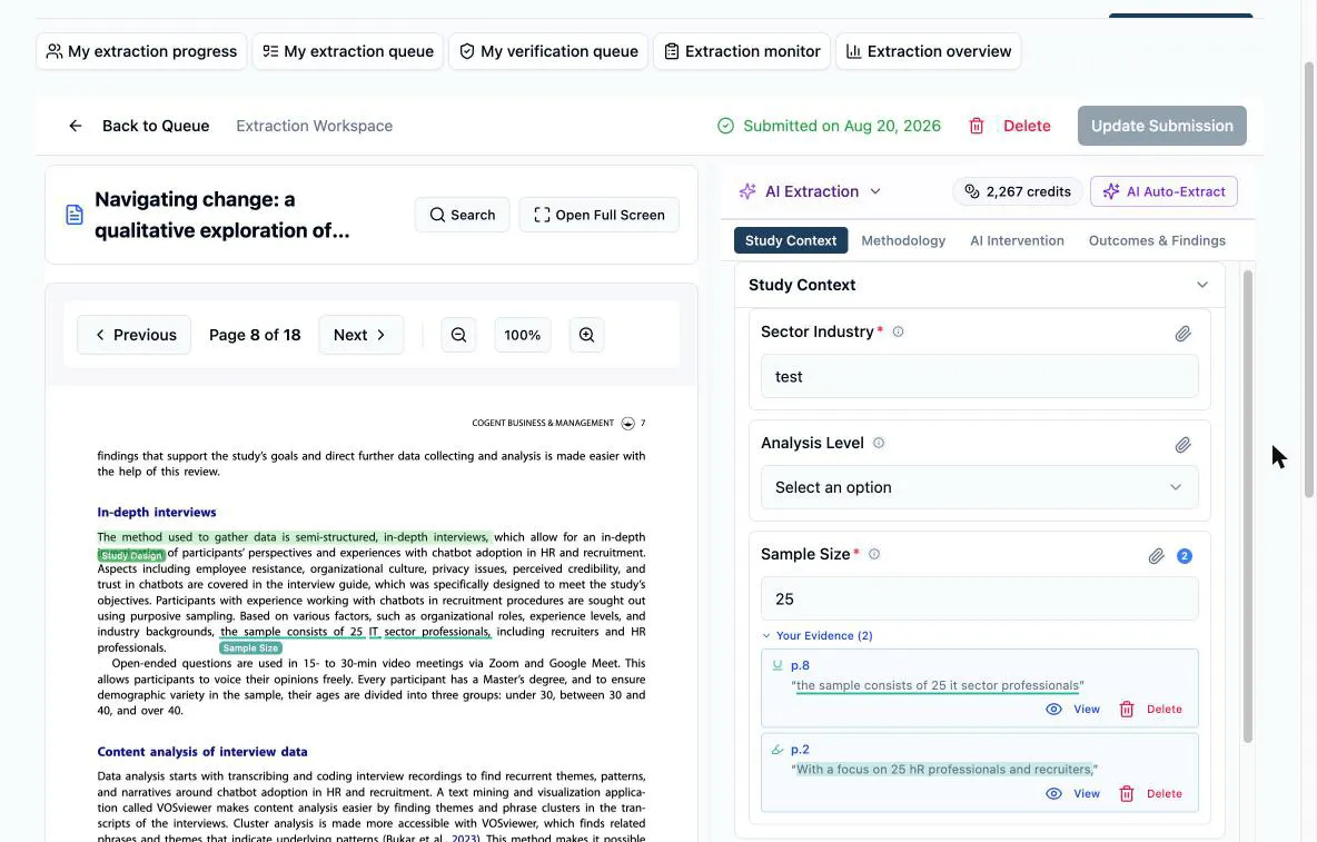 The Sample Size field answered 25, its paperclip carrying a count badge of 2 and the “Your Evidence (2)” list expanded beneath it — a teal underline entry from p.8 and a teal highlight entry from p.2, each with its quoted excerpt and its View and Delete buttons — while the PDF on the left shows both marks on p.8: the teal Sample Size underline and, just above it, a green Study Design highlight, each with its own colored field-name chip