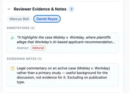 The expanded Reviewer Evidence & Notes section: the Marcus Bell and Daniel Reyes pills with Daniel Reyes selected, an Annotations (1) list showing his quoted passage about the Mobley v. Workday case tagged Abstract and Editorial, and a Screening Notes (1) card beneath explaining the exclusion on publication type