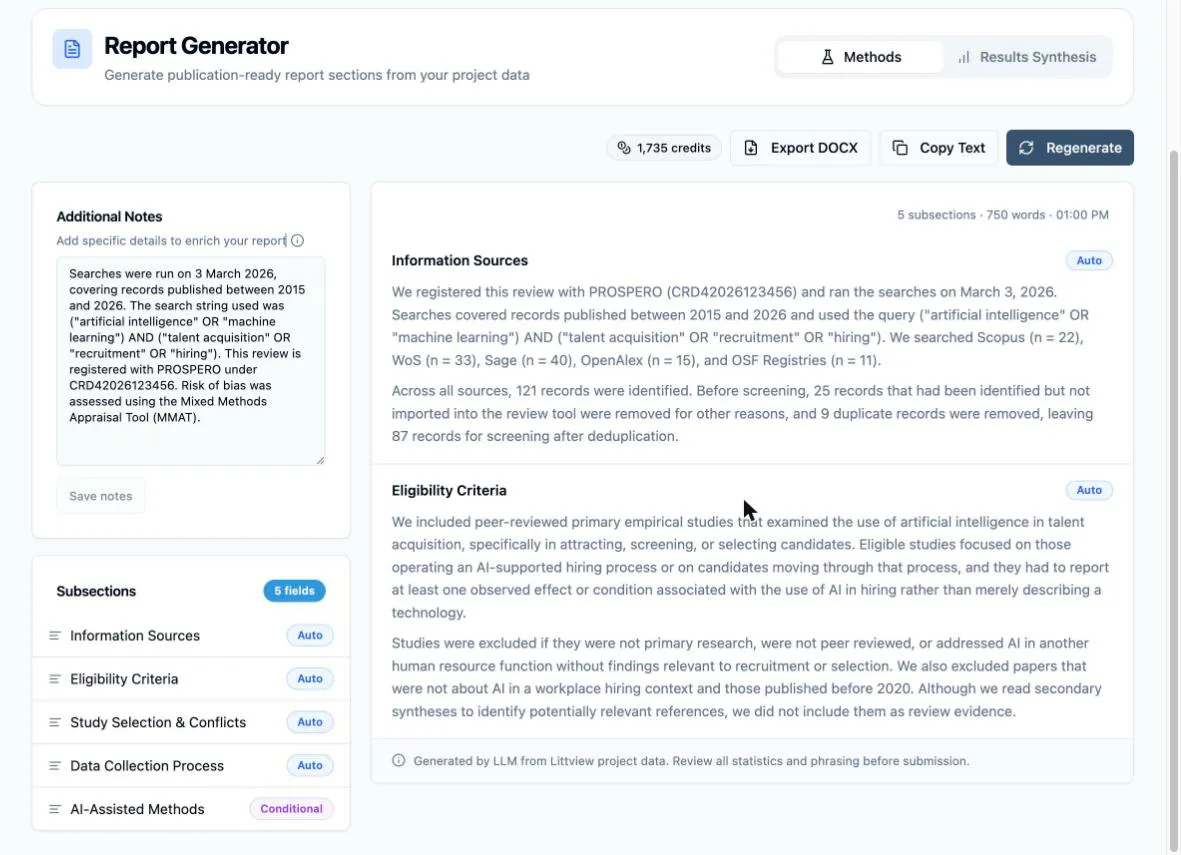 The preview panel showing a generated Methods section — the subsections/words/time line at the top, two subsections with their headings, Auto badges and prose paragraphs, and the footer note about reviewing statistics before submission