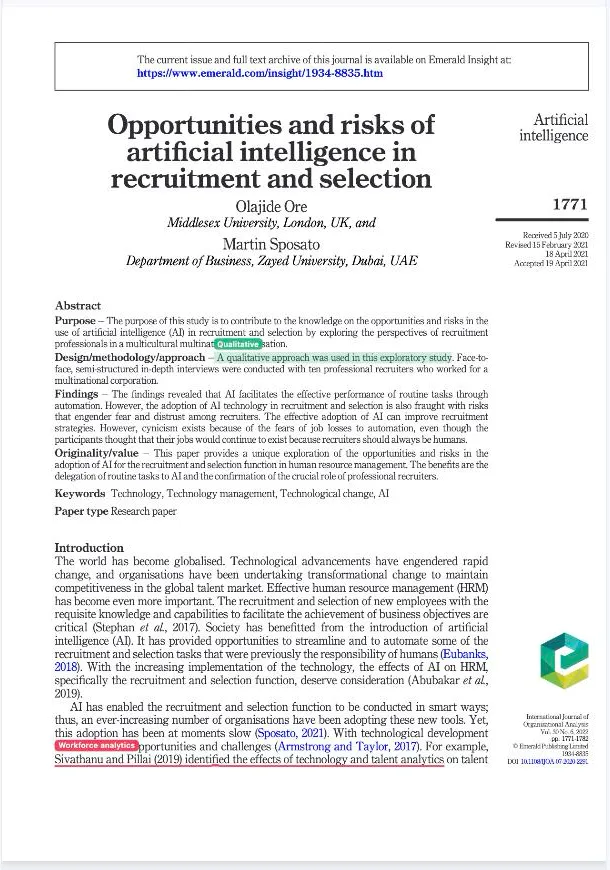 A PDF page with two evidence marks: a green inclusion highlight tinting a sentence of the abstract, and a red exclusion underline further down the page, each with its small tag-name chip above the passage