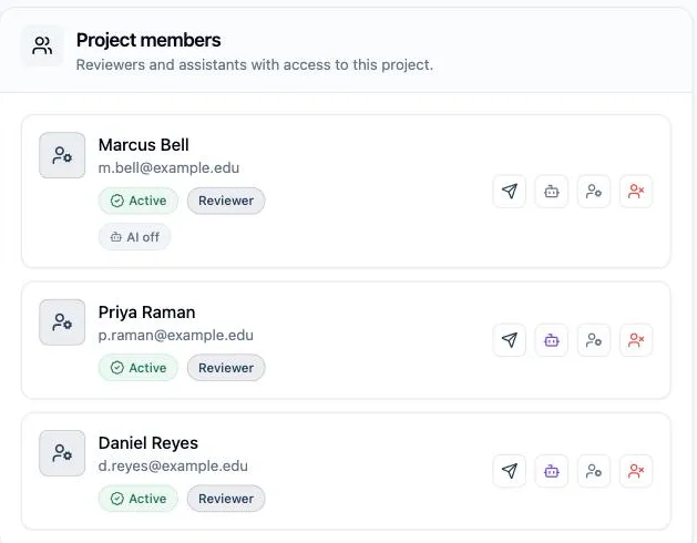 The Project members list with three reviewers; the first carries an AI off badge and a greyed robot icon, while the other two show the robot icon in violet