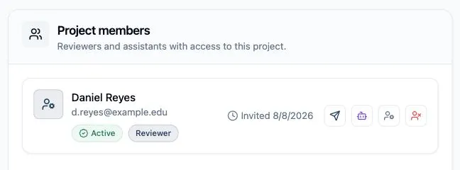 The Project members list with an active reviewer, showing the Active and Reviewer badges, the invited date, and the four action buttons