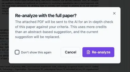 The “Re-analyze with the full paper?” dialog over the workspace, explaining that the attached PDF will be sent for an in-depth check, that it uses more credits, and that the current suggestion will be replaced — with the “Don’t show this again” checkbox and the Cancel and Re-analyze buttons