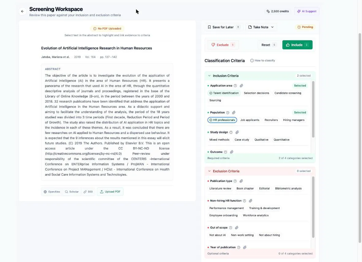 The Inclusion Criteria section with tags selected on two categories: the selected pills showing their check marks, the Selected badges on their category rows, and the section counter reading “2 selected”