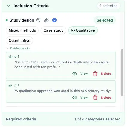 The right panel’s Inclusion Criteria section: the Study design row with its paperclip carrying a count badge of 2 and a Selected badge, and the Evidence (2) list beneath the tags, each entry showing the page, the quoted passage, and its View and Delete buttons
