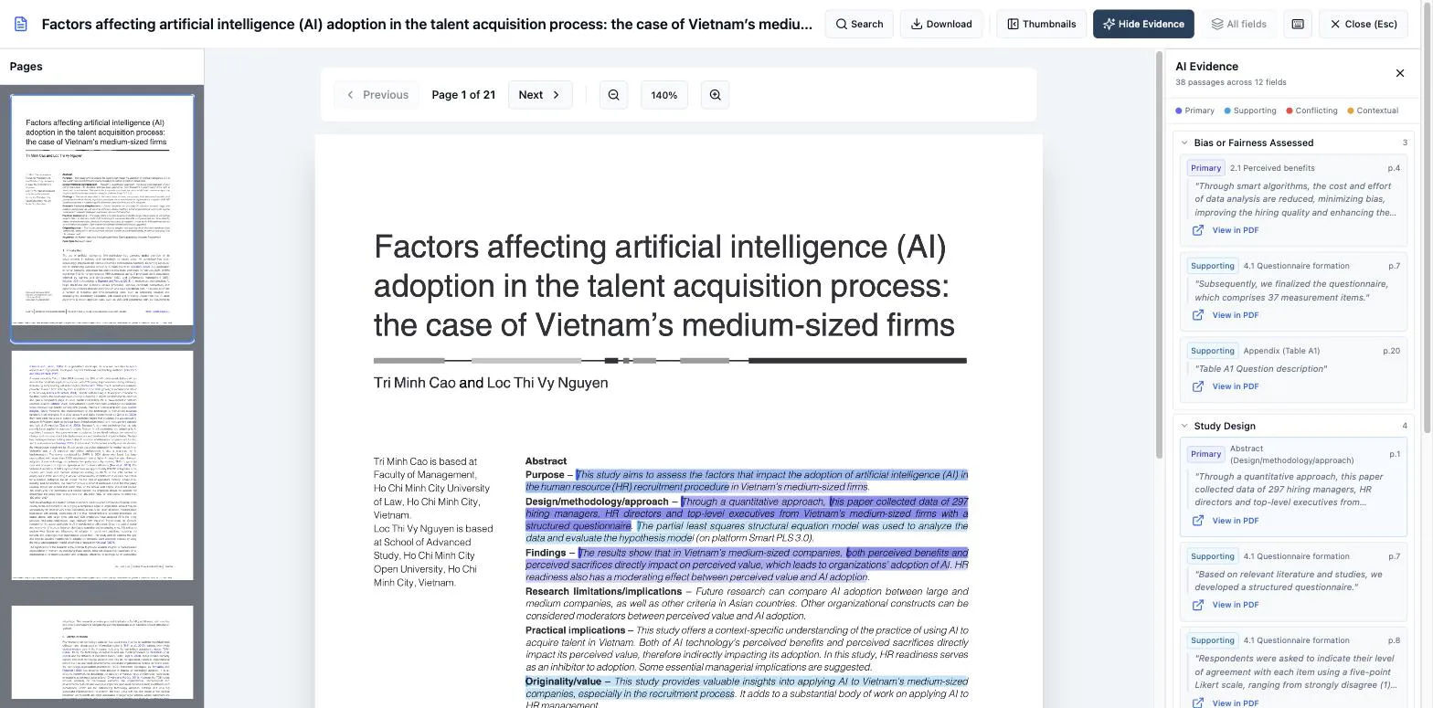 The fullscreen PDF viewer opened from a paper with an AI extraction run: the document at 140% zoom with page thumbnails down the left, and the AI Evidence panel pinned on the right listing passages grouped by field (“Bias or Fairness Assessed”, “Study Design”), each tagged Primary or Supporting with its page number and a View in PDF link