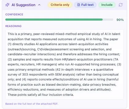 The AI Suggestion panel after a full-paper re-analysis: a Full text badge beside the Include badge in the header, a longer reasoning paragraph citing the study’s methods and sample, and the footnote reading “Based on the full text of the attached PDF” with no re-analyze button left