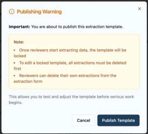 The Publishing Warning dialog: the note box listing that the template will be locked once reviewers start extracting data, that editing a locked template means deleting all extractions first, and that reviewers can delete their own extractions from the extraction form — above the Cancel and Publish Template buttons