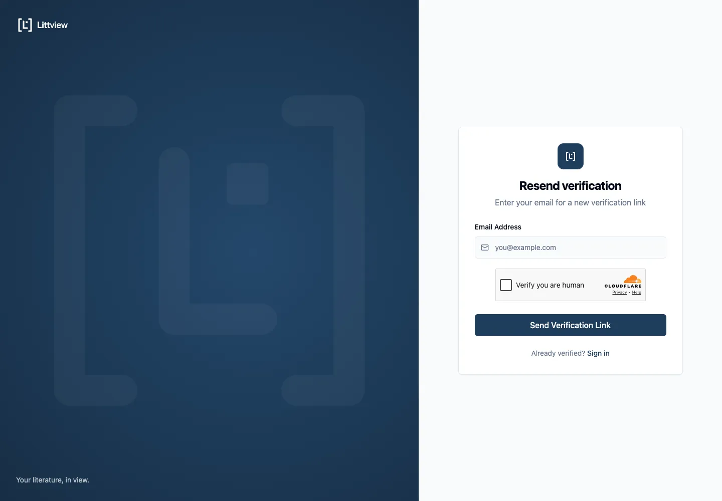 The Resend verification page with the Email Address field and Send Verification Link button