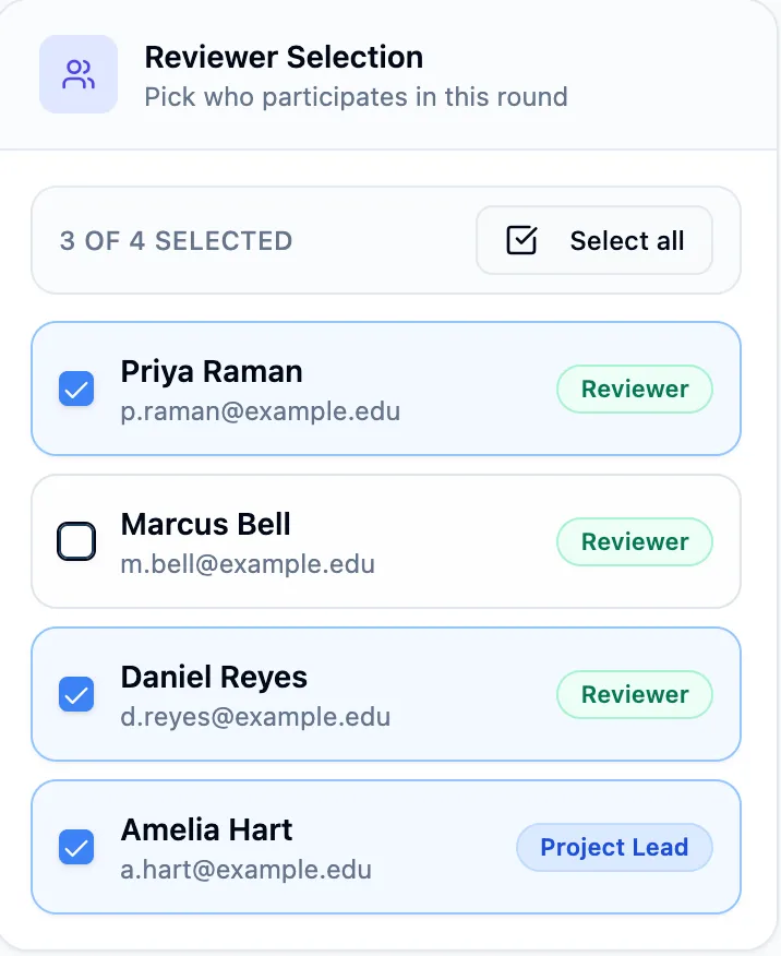 Reviewer Selection with three of four ticked, the removed reviewer’s checkbox empty