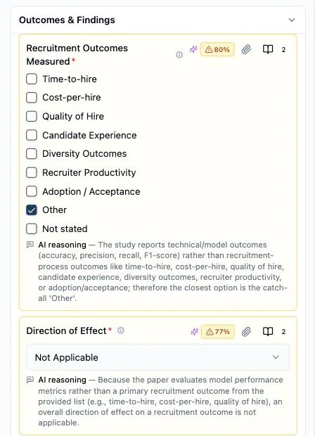 A multi-select field (“Recruitment Outcomes Measured”) with “Other” checked and a dropdown field (“Direction of Effect”) with “Not Applicable” selected, each with an inline “AI reasoning” line explaining which listed options were ruled out and why